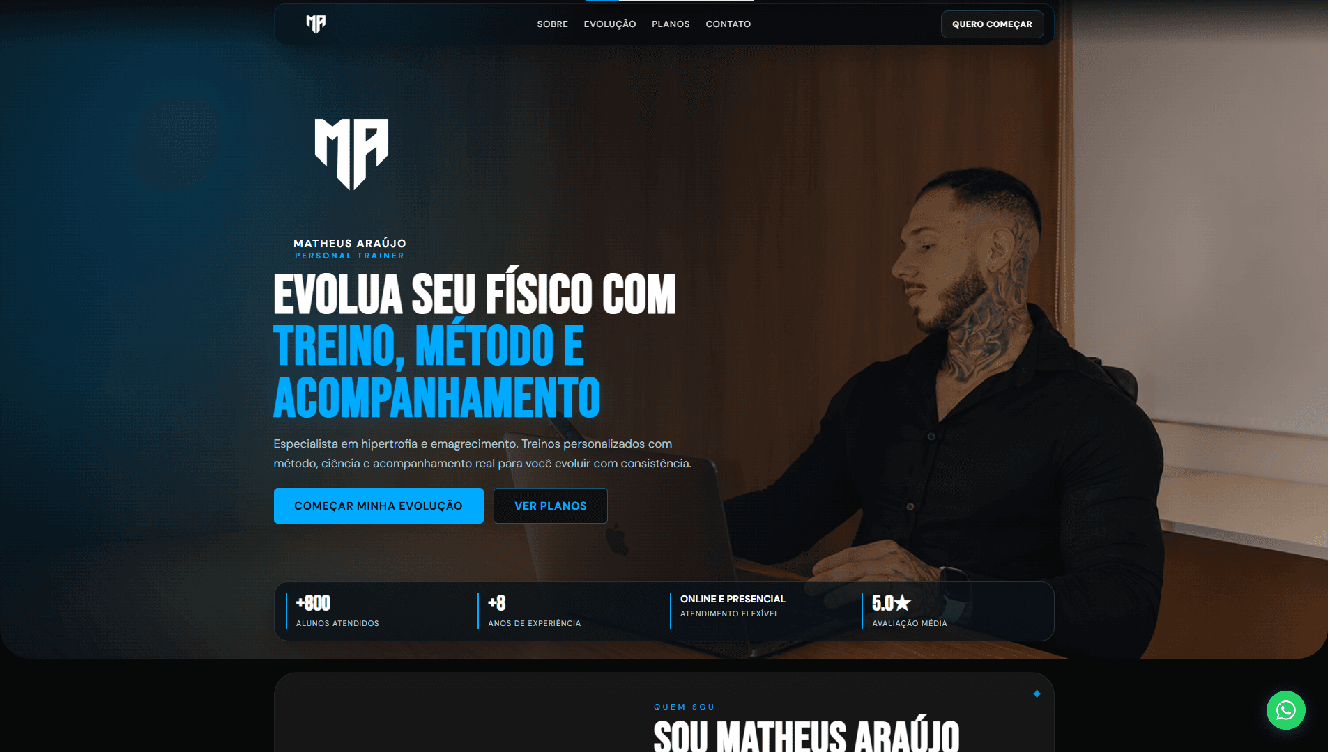 Prévia do projeto Matheus Personal com landing page fitness e destaque azul.