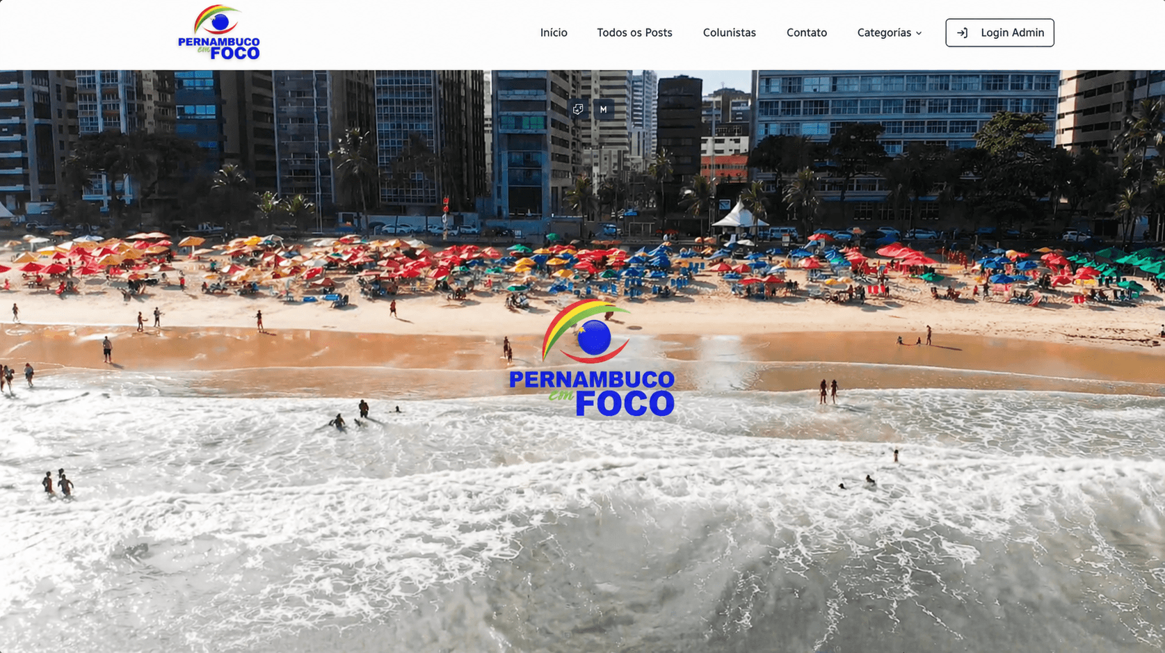 Prévia do projeto Pernambuco em Foco com praia e identidade visual do portal.