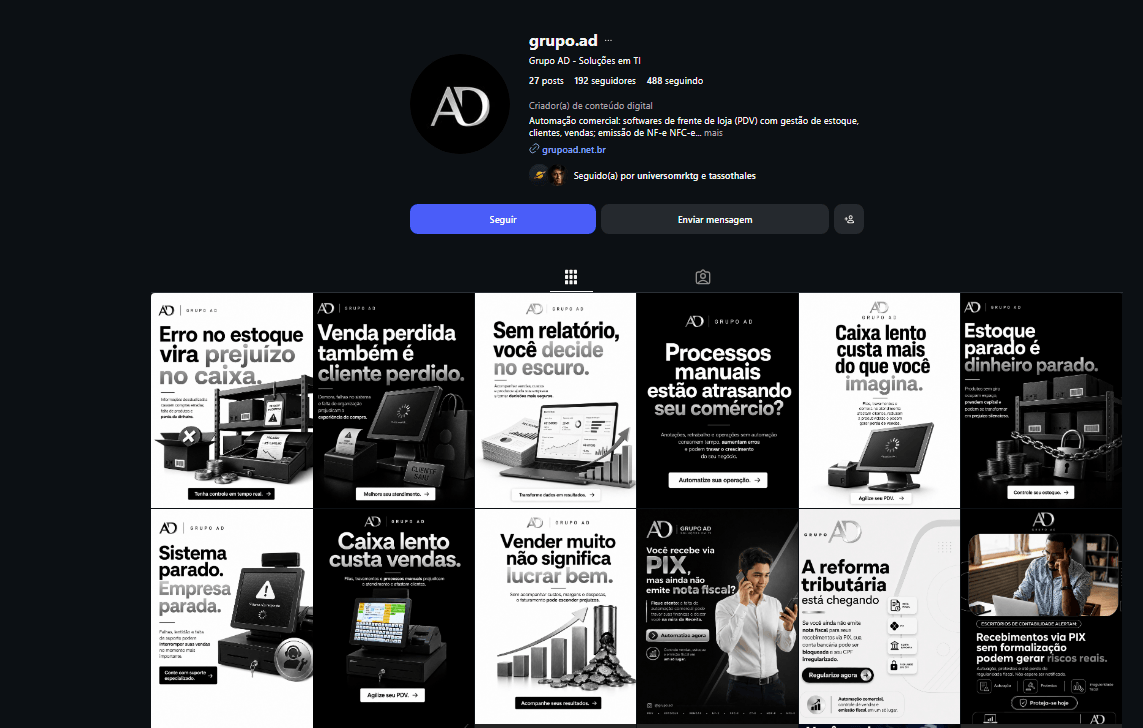 Identidade visual corporativa do Instagram do Grupo AD em preto e branco