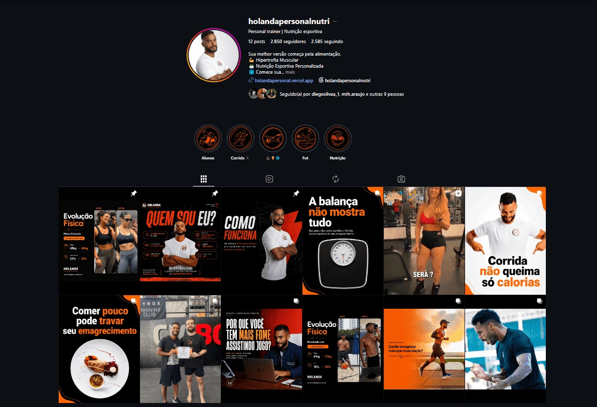 Identidade visual do Instagram da Holanda Personal em preto e laranja