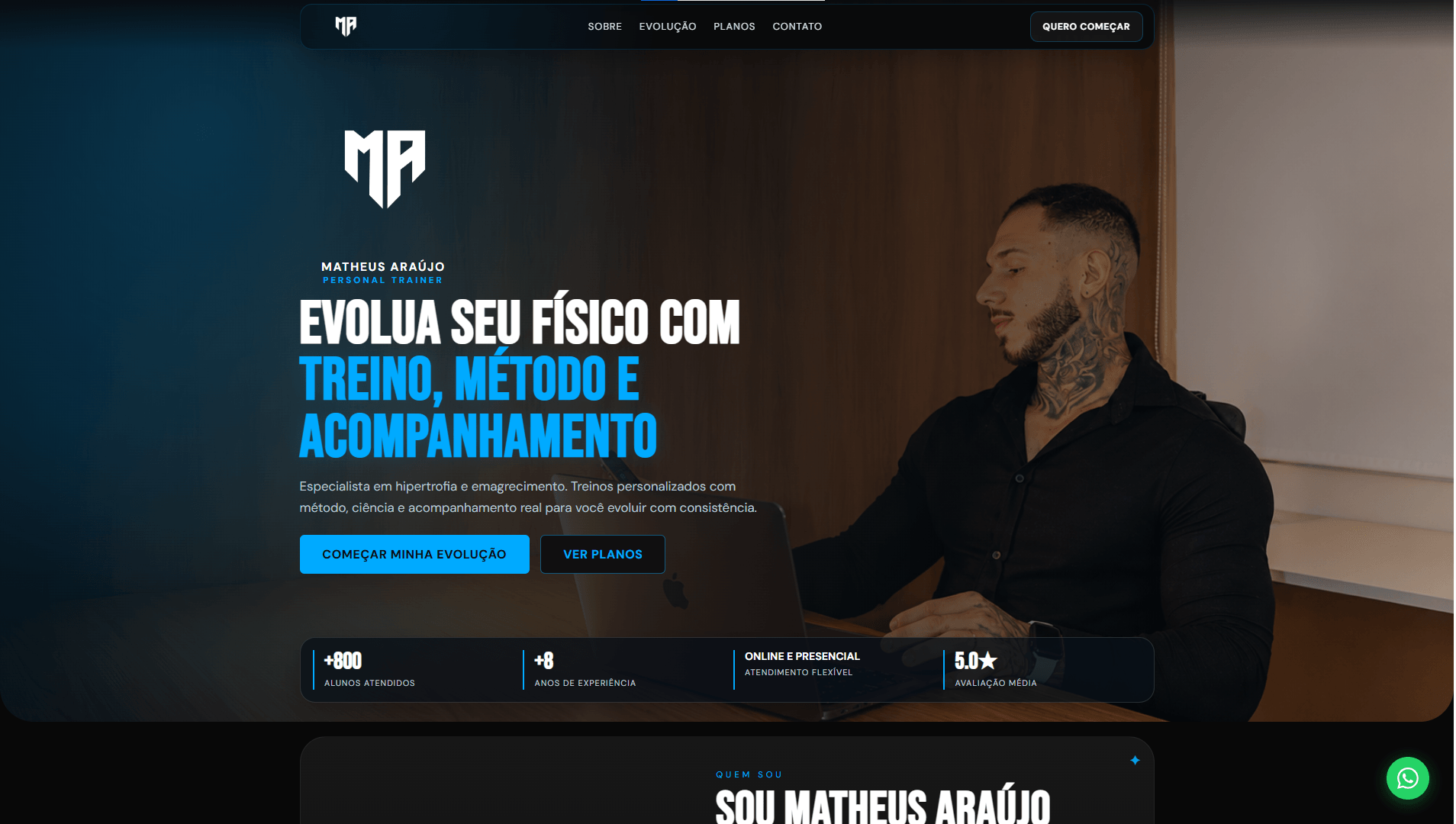 Prévia do projeto Matheus Personal com landing page fitness e destaque azul.
