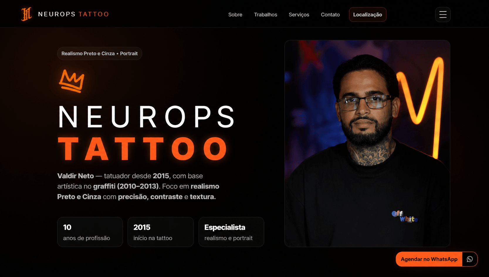 Prévia do projeto NeuroPS Tattoo com layout escuro e destaque laranja.